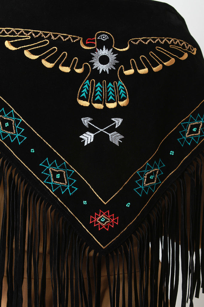 Thunderbird Embroidered Fringe Suede Triangle Scarf