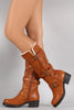 Bamboo Buckled Strap Round Toe Knee High Boots