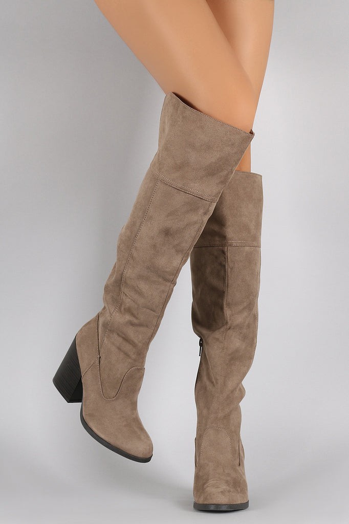 Qupid Suede Chunky Stacked Heeled Knee High Boots