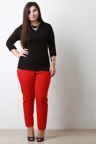 Button Tab Quarter Sleeve Ribbed Mock Neck Top