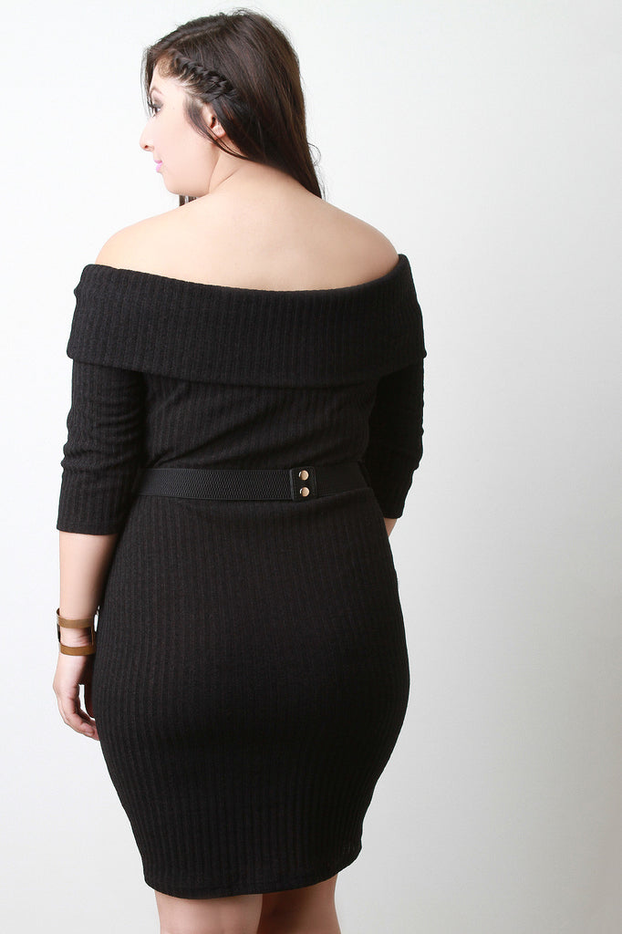 Plate Belt Off Shoulder Ribbed Knit Dress