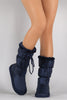 Puffy Nylon Fur Drawstring Snow Mid Calf Flat Boots