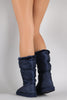 Puffy Nylon Fur Drawstring Snow Mid Calf Flat Boots