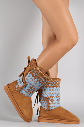 Quilted Faux Fur Cuff Lace Up Mid Calf Snow Boots