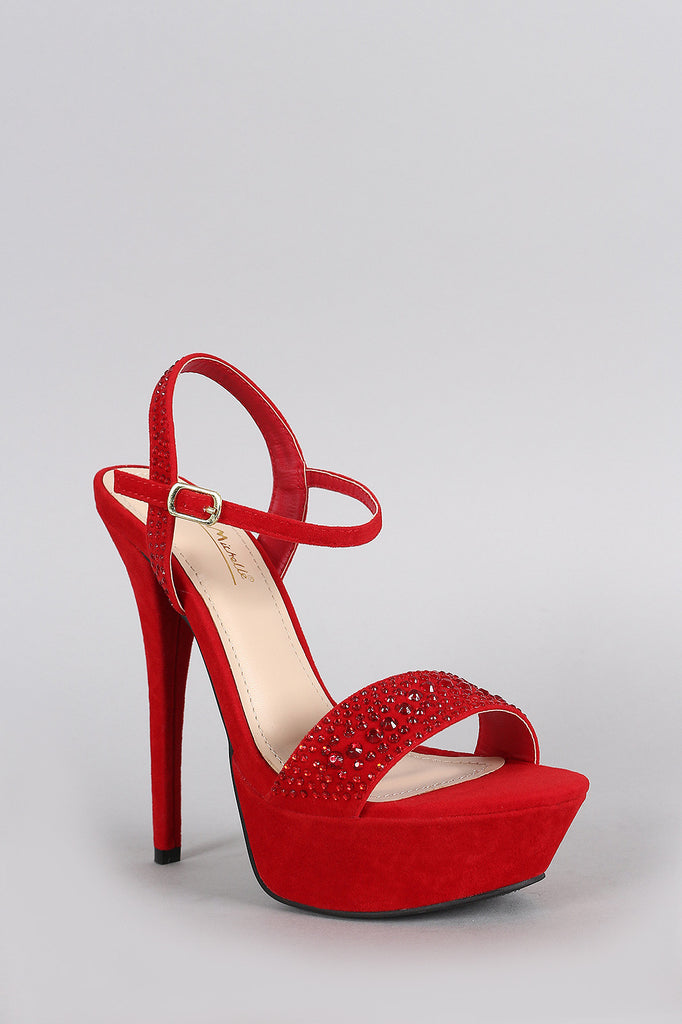 Anne Michelle Rhinestone Suede Ankle Strap Platform Heel