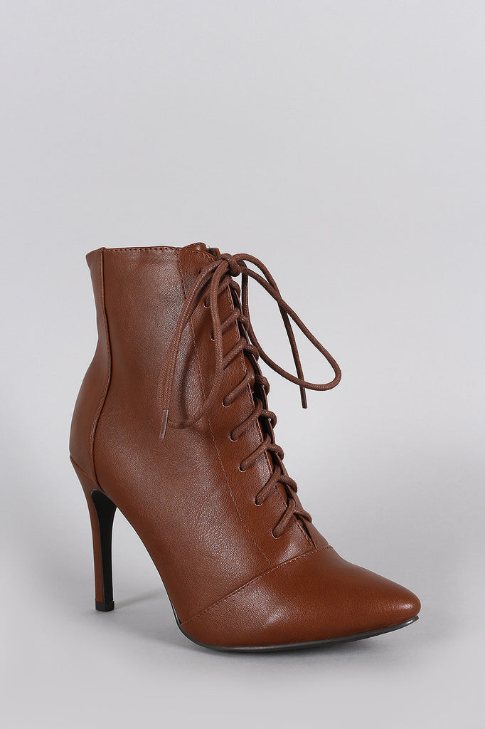 Breckelle Pointy Toe Lace Up Heeled Ankle Boots