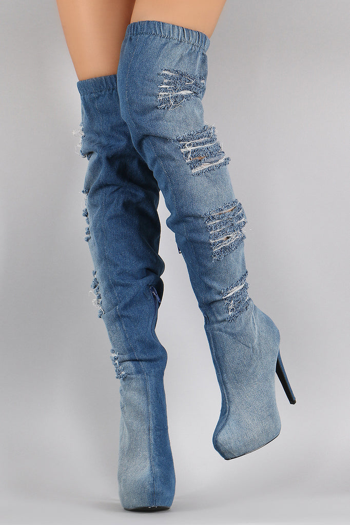 Distressed Denim Almond Toe Over-The-Knee Boots