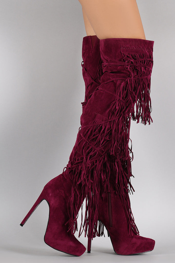 Velvet Layered Fringe Pointy Toe Over-The-Knee Stiletto Boots