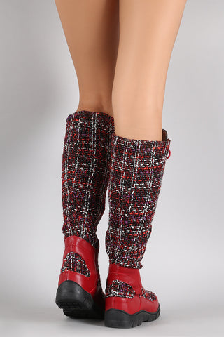 Tweed Combat Lace Up Knee High Boots