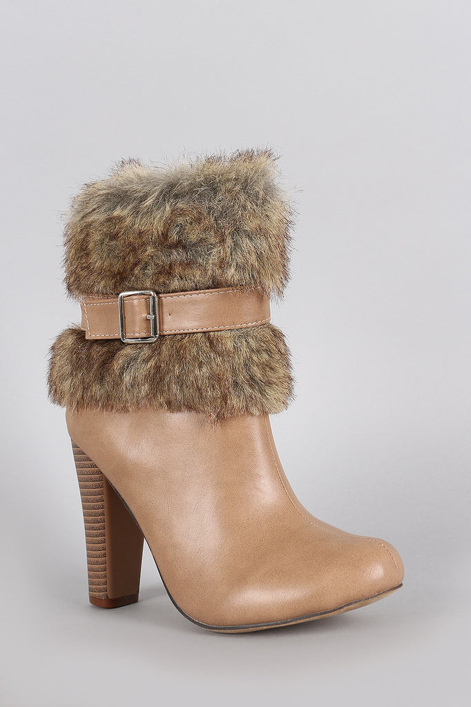 Faux Fur Buckle Almond Toe Ankle Bootie