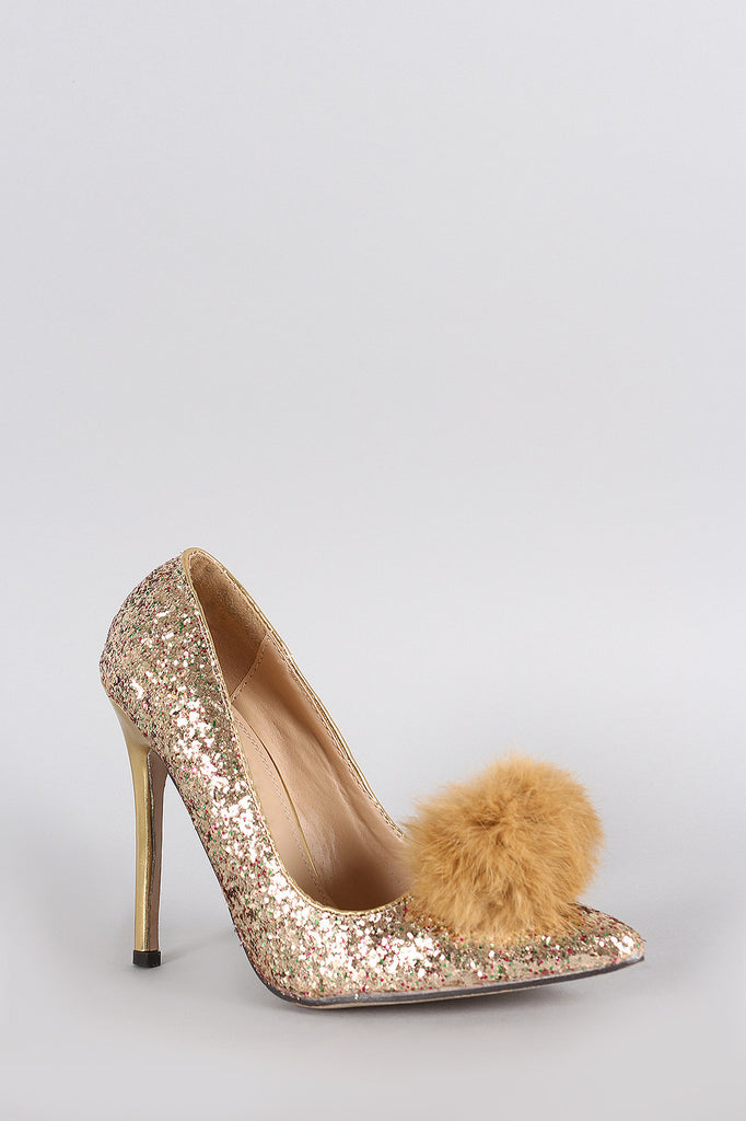 Pom Glitter Encrusted Pointy Toe Stiletto Pump