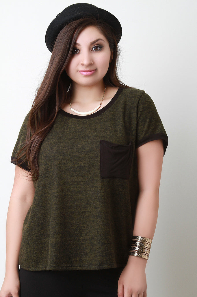 Soft Knit Contrast Pocket Short Sleeves Top