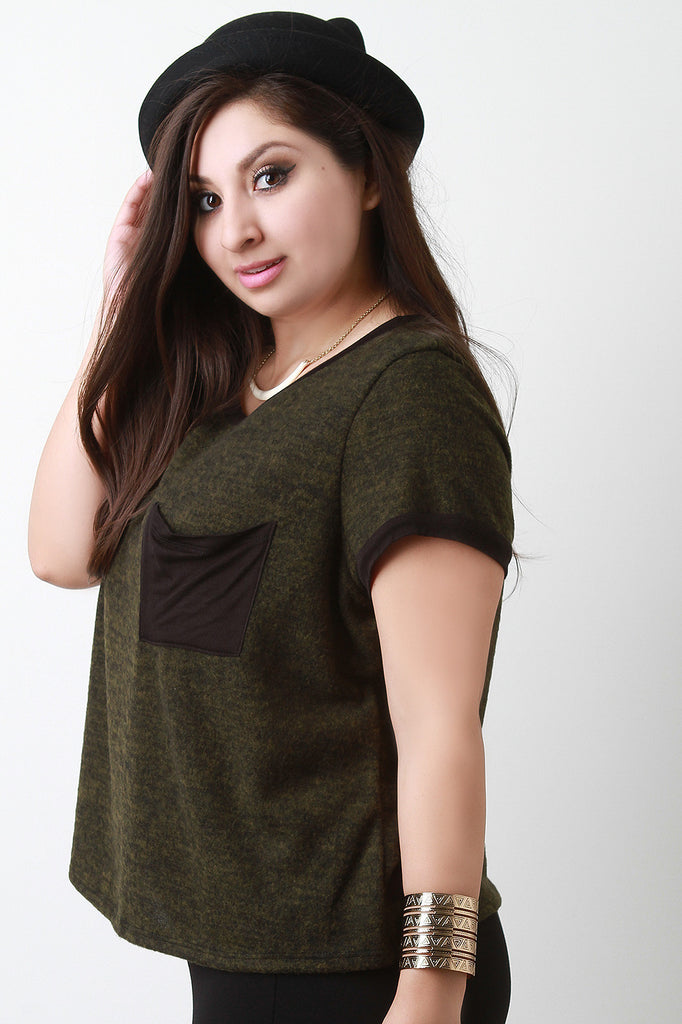 Soft Knit Contrast Pocket Short Sleeves Top