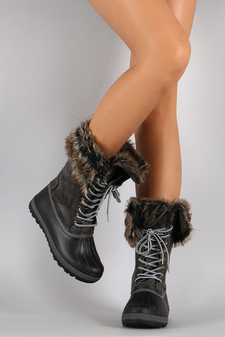Puffy Nylon Fur Drawstring Snow Mid Calf Flat Boots