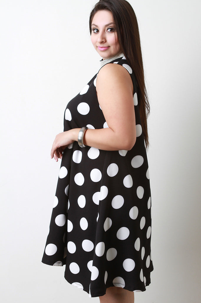 Polka Dot Microbeads Necklace Mock Neck Sleeveless Shift Dress