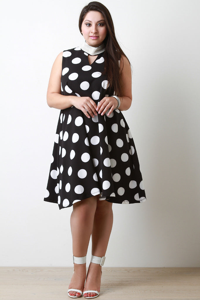 Polka Dot Microbeads Necklace Mock Neck Sleeveless Shift Dress