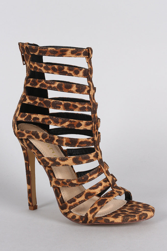 Liliana Leopard Strappy Caged Open Toe Heel