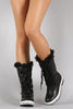 Quilted Faux Fur Cuff Lace Up Mid Calf Boots