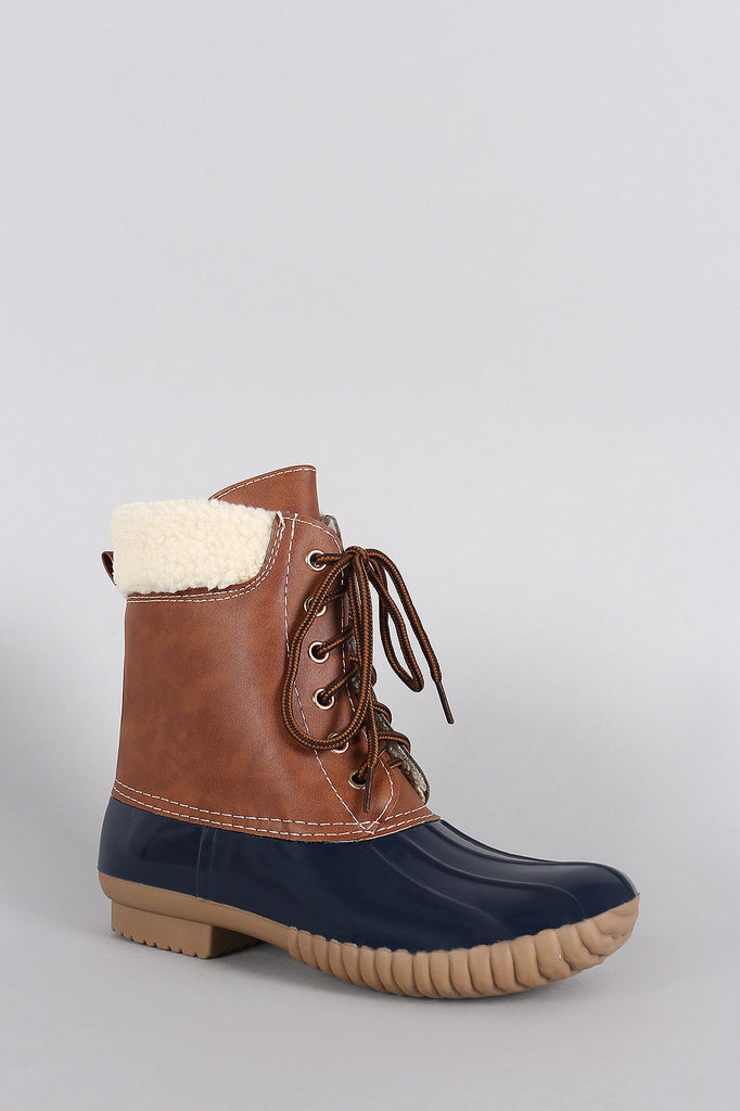 Shearling Cuff Round Toe Lace Up Duck Ankle Boots