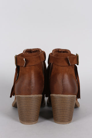 Qupid Fringe Side Cutout Chunky Heeled Booties