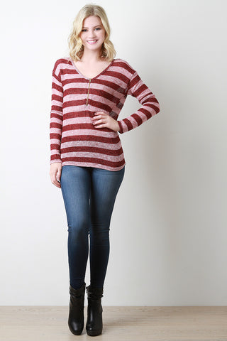 Loose Knit Striped V-Neck Top