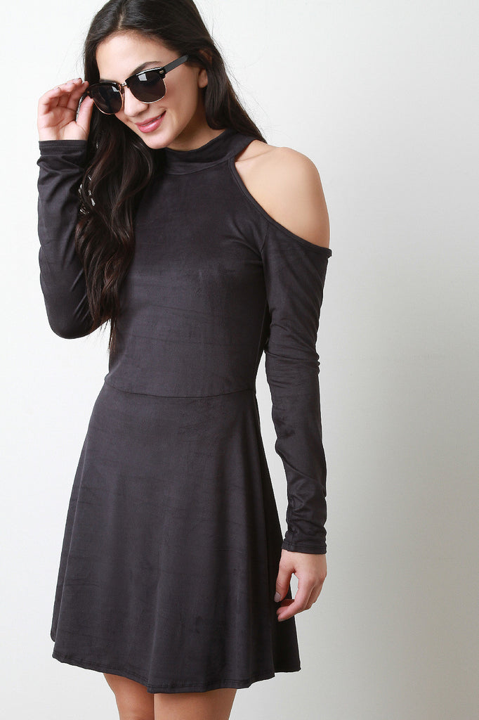 Faux Suede Cold Shoulder Skater Dress