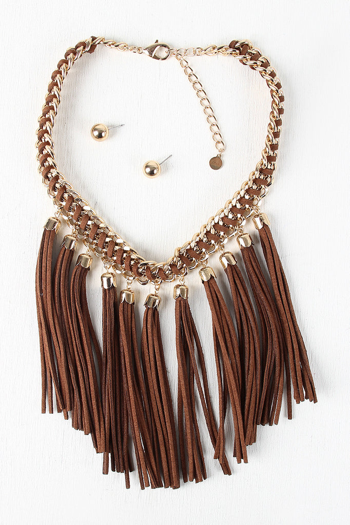 Suede Tassels Threaded Chain Necklace