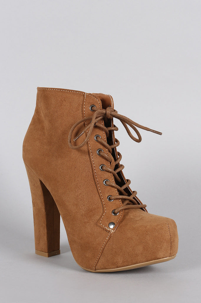 Qupid Suede Lace Up Heeled Platform Booties