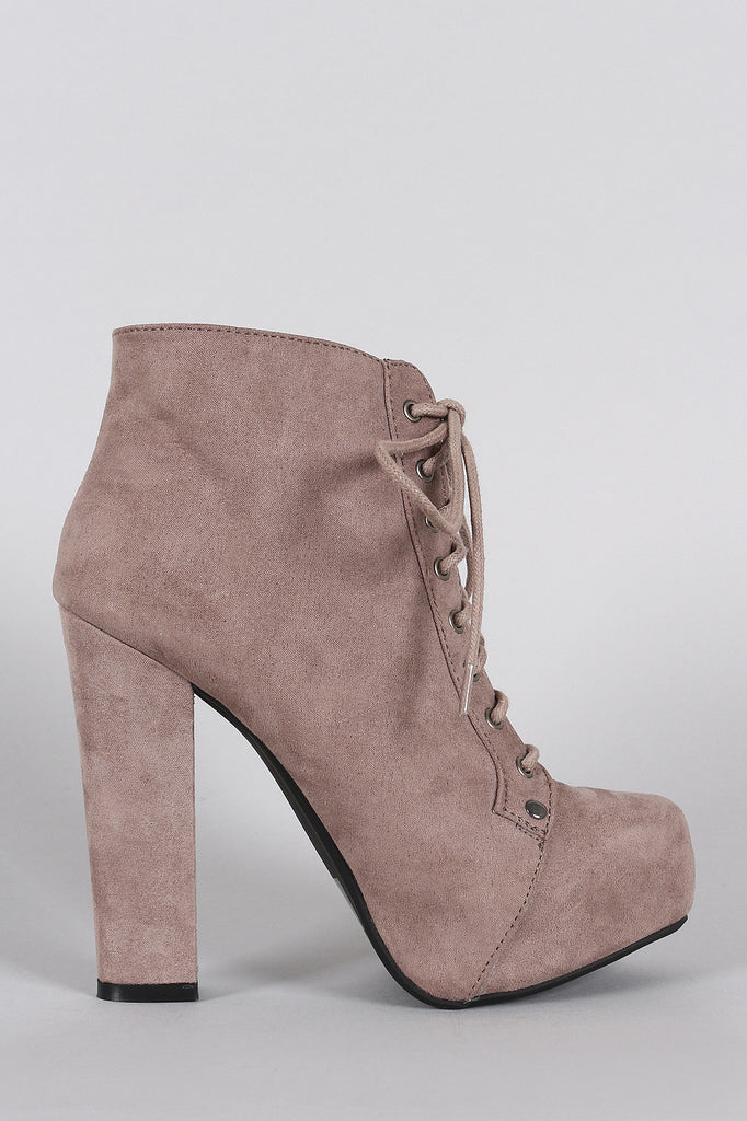 Qupid Suede Lace Up Heeled Platform Booties