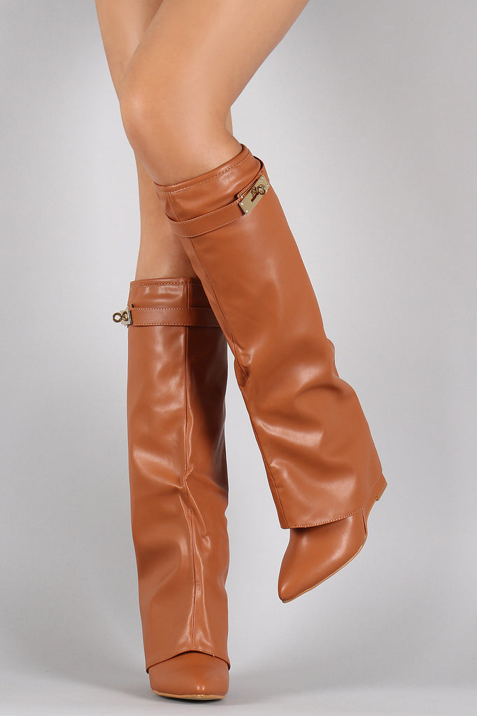 Twist-Lock Pointy Toe Fold Over Cuff Knee High Wedge Boots