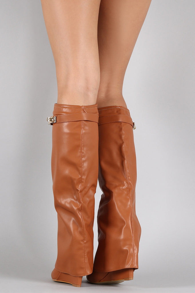 Twist-Lock Pointy Toe Fold Over Cuff Knee High Wedge Boots