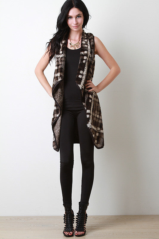 Plaid Short Fur Longline Vest