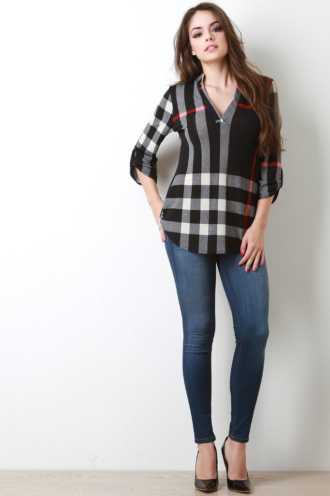 Plaid Half Placket Top