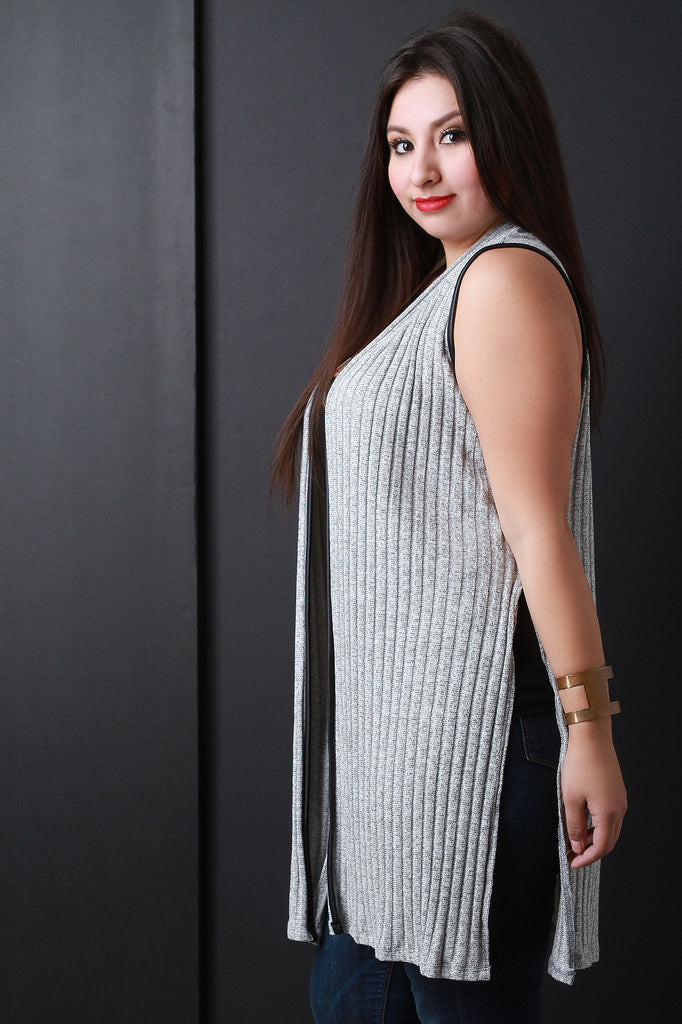 Marled Ribbed Knit Open Front Sleeveless Vest