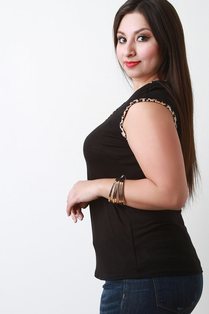 Caged Leopard Trim Sleeveless Top