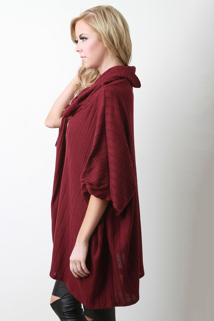 Cowl Neck Ribbed Fleece Poncho Top