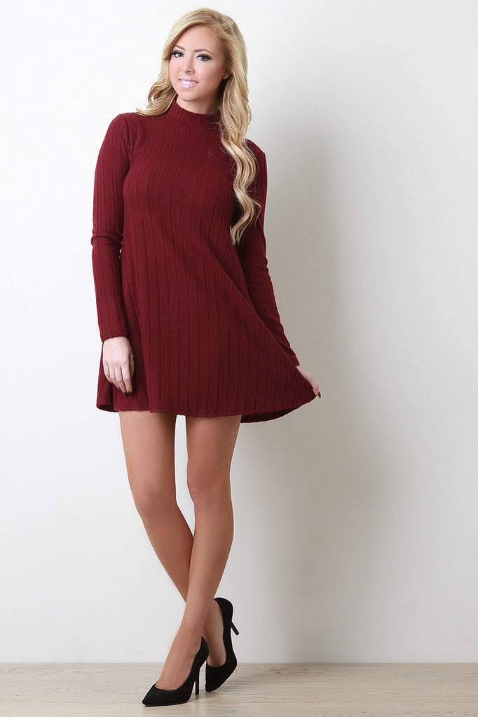 Mock Neck Ribbed Fleece Shift Dress