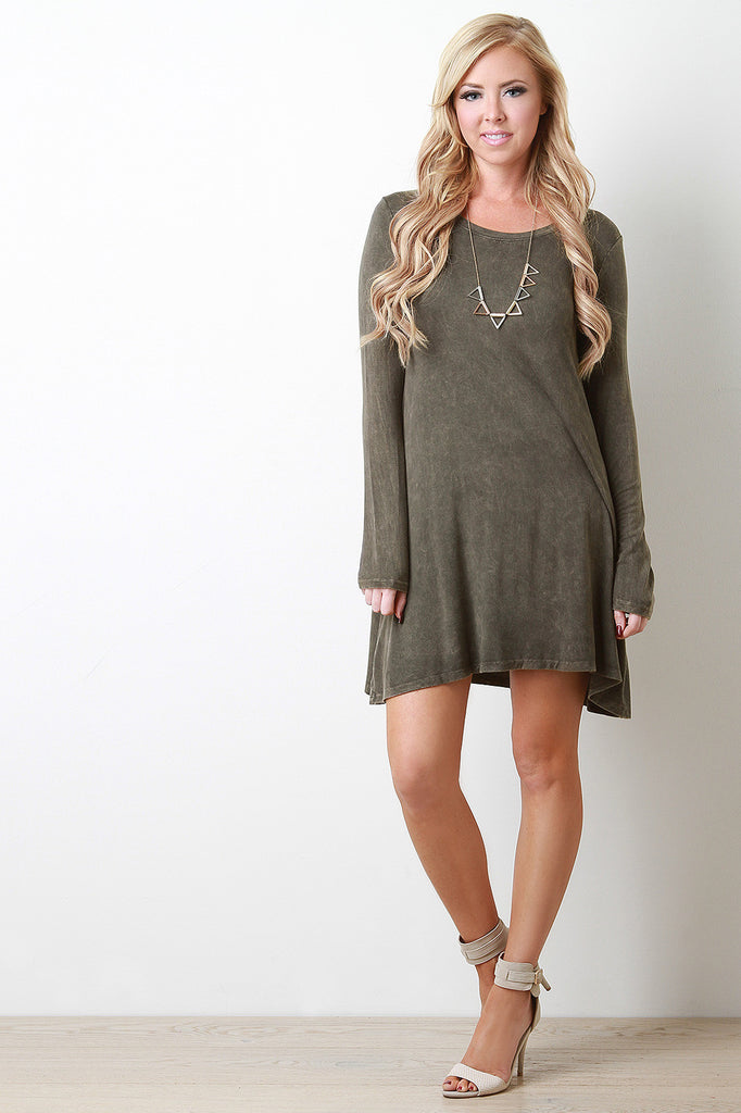 Acid Wash Long Sleeve Shift Dress