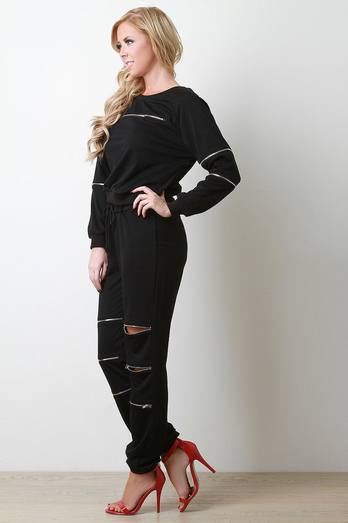 Zipper Trimmed Loose long Sleeve Sweatshirt