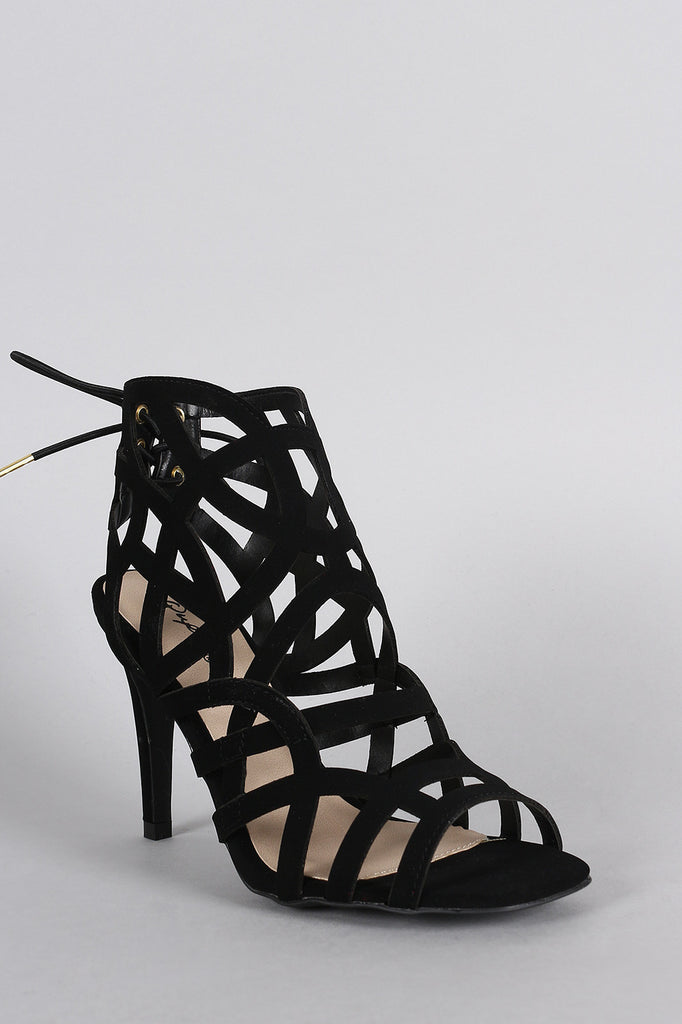 Qupid Caged Back Lace Up Open Toe Heel