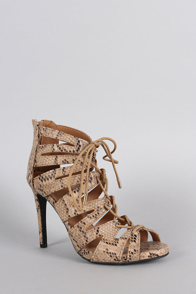 Python Strappy Lace Up Peep Toe Stiletto Heel