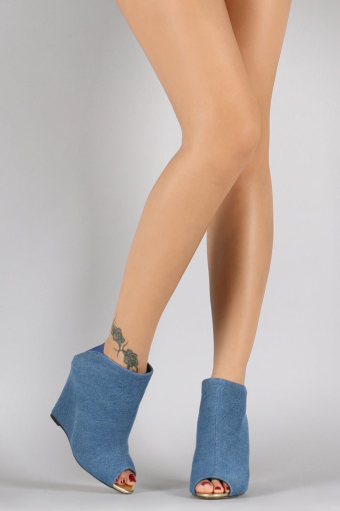 Denim Back Elastic Gore Peep Toe Wedge Booties