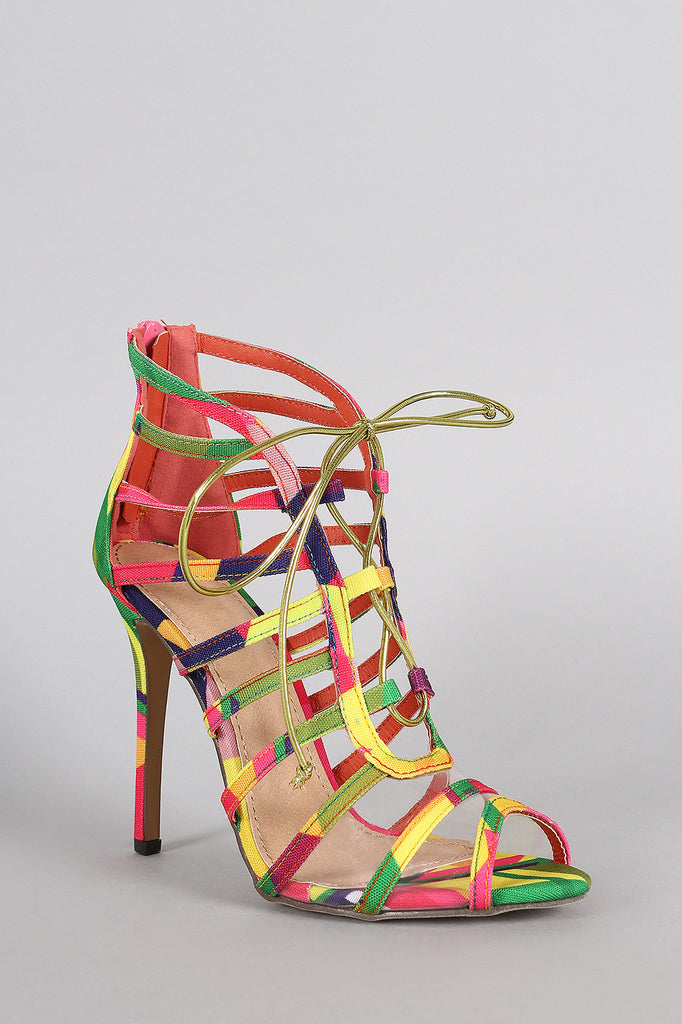 Liliana Multicolor Geometric Print Strappy Lucite Lace Up Heel