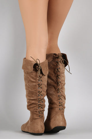 Bamboo Suede Fur Trim Round Toe Mid Calf Flat Boots