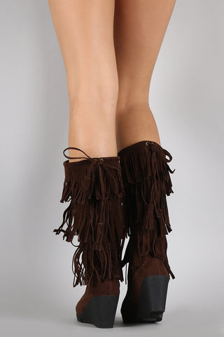 Suede Layered Fringe Drawstring Moccasin Wedge Boots
