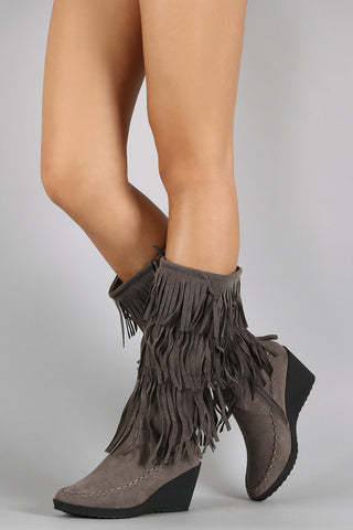 Quilted Faux Fur Cuff Lace Up Mid Calf Boots