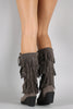 Suede Layered Fringe Moccasin Mid Calf Wedge Boots