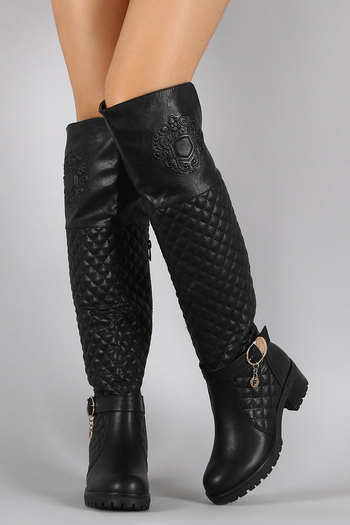 Embossed Emblem Quilted Knee High Boots