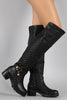 Embossed Emblem Quilted Knee High Boots