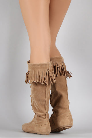 Fringe Cuff Vegan Suede Lace Up Moccasin Boots